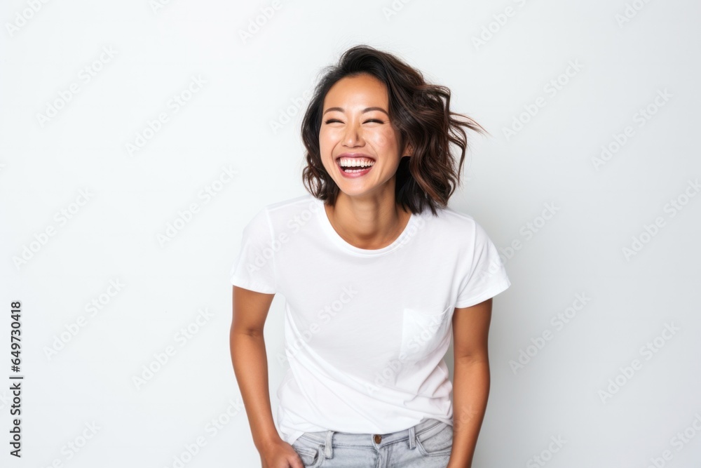 © Leon Waltz - portrait of a Filipino woman in her 30s wearing a fun graphic tee against a white background © Leon Waltz - portrait of a Filipino woman in her 30s wearing a fun graphic tee against a white background