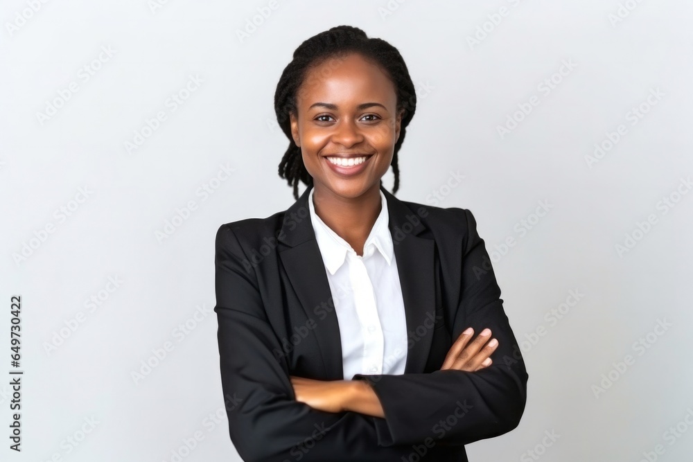 medium shot portrait of a Kenyan woman in her 30s wearing a sleek suit against a white background