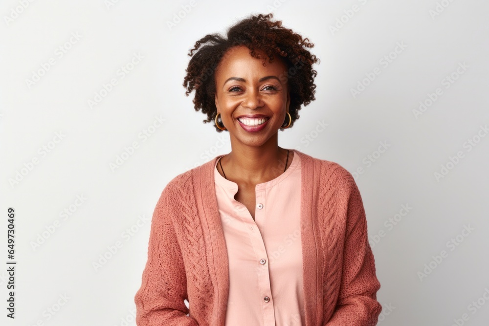 medium shot portrait of a Kenyan woman in her 40s wearing a chic cardigan against a white background medium shot portrait of a Kenyan woman in her 40s wearing a chic cardigan against a white background