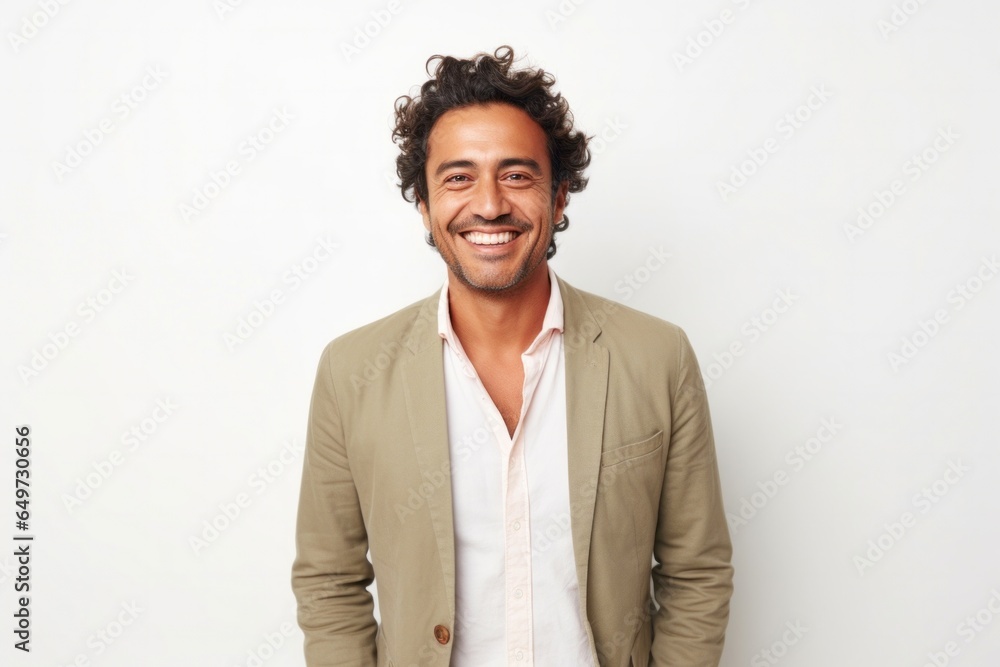 medium shot portrait of a Mexican man in his 30s wearing a chic cardigan against a white background medium shot portrait of a Mexican man in his 30s wearing a chic cardigan against a white background