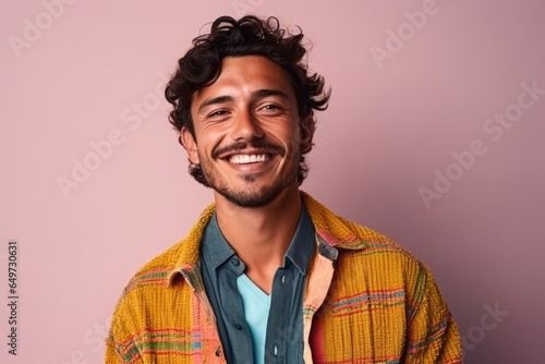 medium shot portrait of a Mexican man in his 20s wearing a chic cardigan against an abstract background © Anne-Marie Albrecht