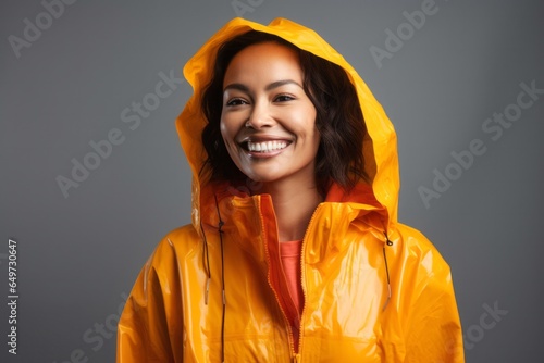 portrait of a Filipino woman in her 40s wearing a vibrant raincoat against a white background © Leon Waltz