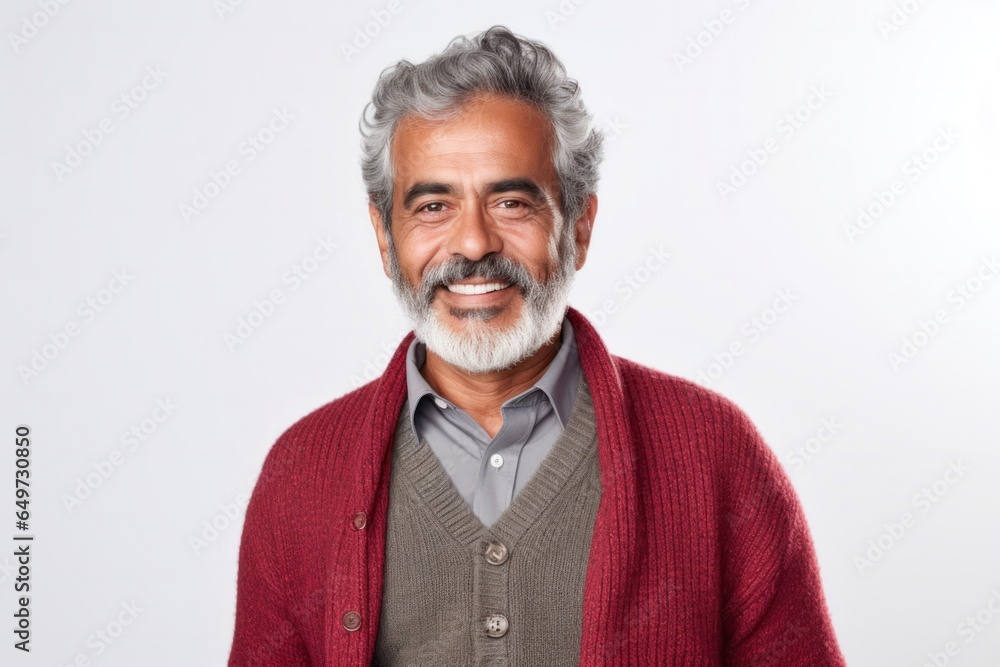 medium shot portrait of a Mexican man in his 50s wearing a chic cardigan against a white background medium shot portrait of a Mexican man in his 50s wearing a chic cardigan against a white background