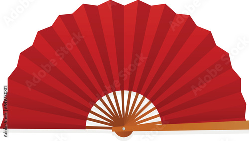 Paper hand fan red folded Asian traditional accessory with bamboo handle vector flat illustration