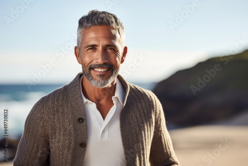 medium shot portrait of a Mexican man in his 50s wearing a chic cardigan against a beach background