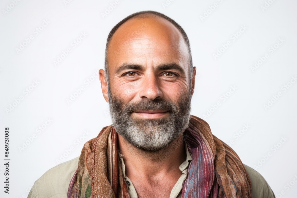 portrait of a Israeli man in his 40s wearing a foulard against a white background portrait of a Israeli man in his 40s wearing a foulard against a white background