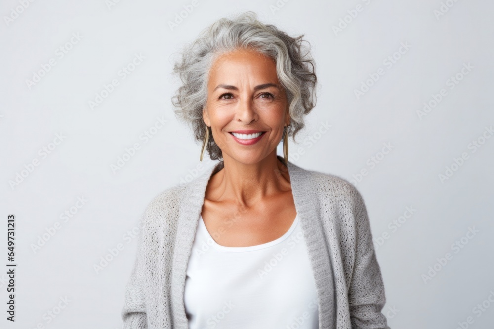medium shot portrait of a Mexican woman in her 50s wearing a chic cardigan against a white background medium shot portrait of a Mexican woman in her 50s wearing a chic cardigan against a white background