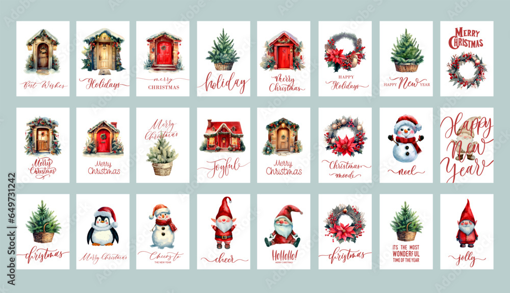 Set of popular Christmas tag templates card with variant watercolor and vector element.