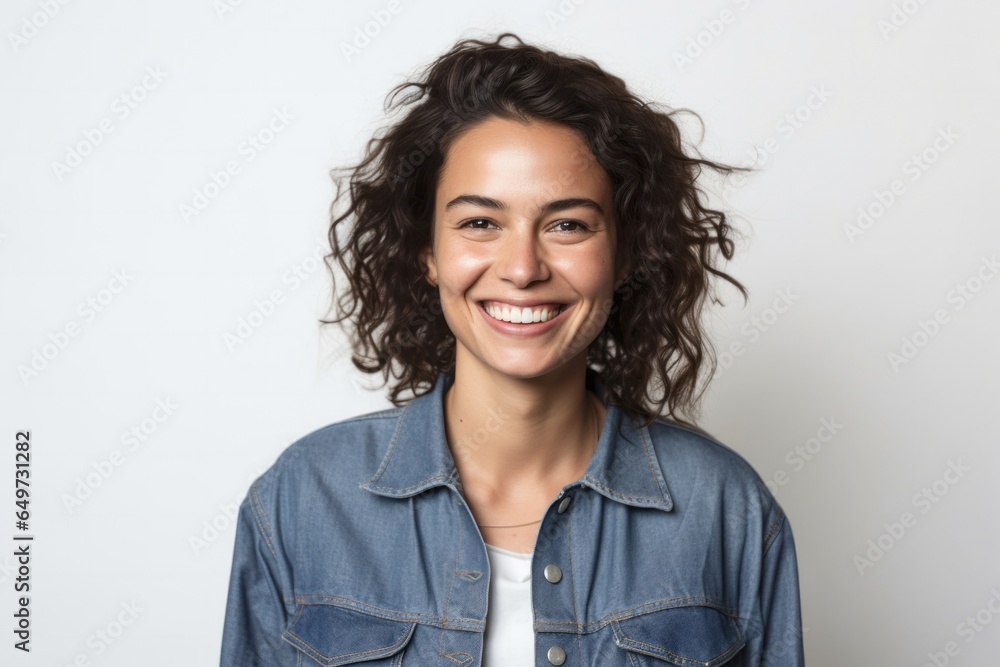 portrait of a Israeli woman in her 30s wearing a denim jacket against a white background - obrazy, fototapety, plakaty 