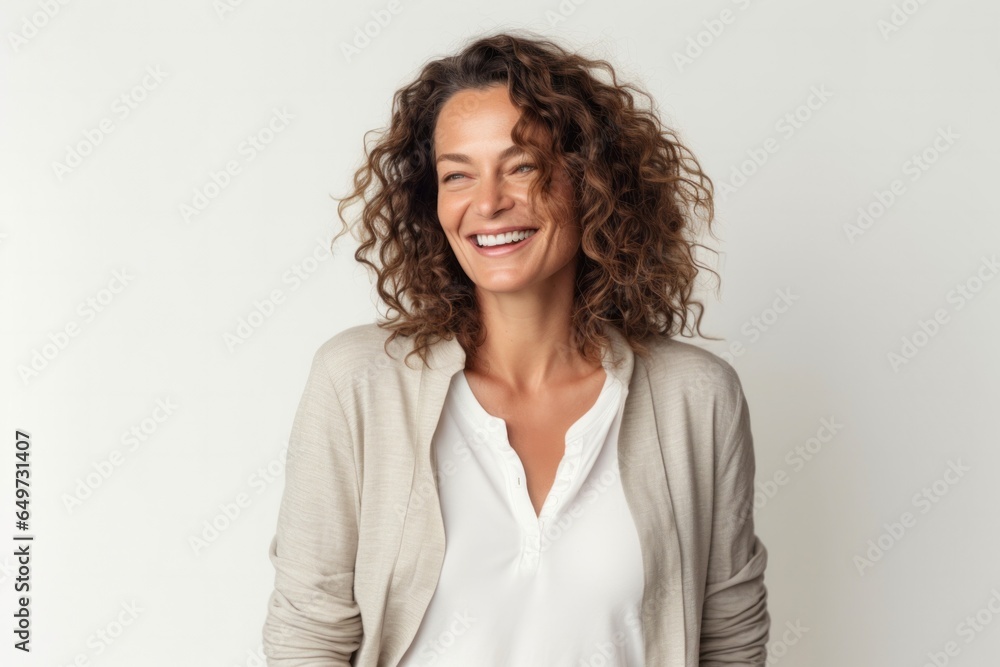 portrait of a Israeli woman in her 40s wearing a chic cardigan against a white background portrait of a Israeli woman in her 40s wearing a chic cardigan against a white background