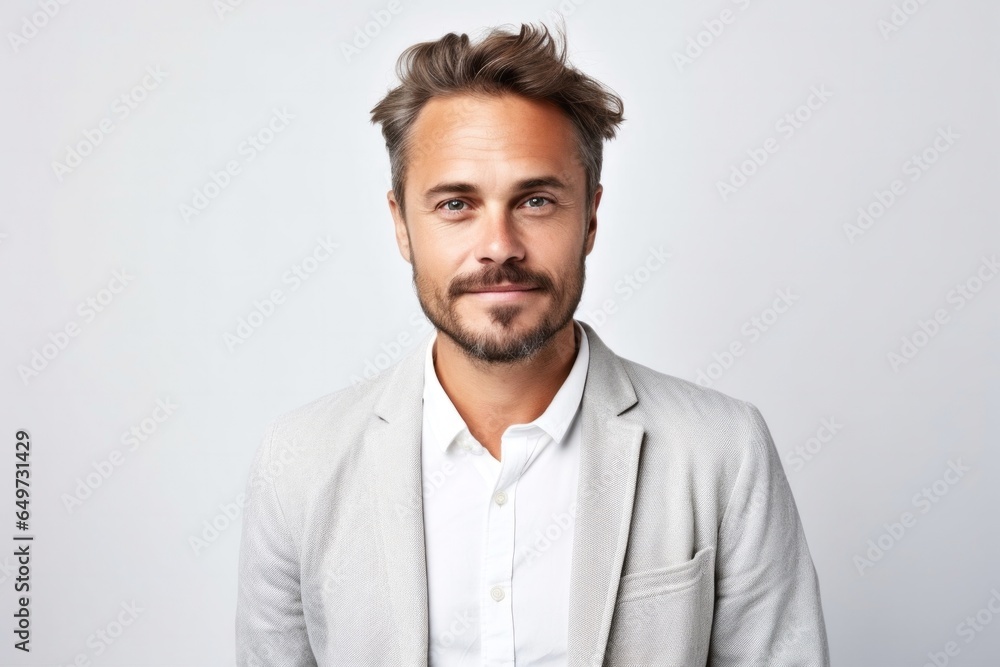 medium shot portrait of a Polish man in his 30s wearing a chic cardigan against a white background medium shot portrait of a Polish man in his 30s wearing a chic cardigan against a white background