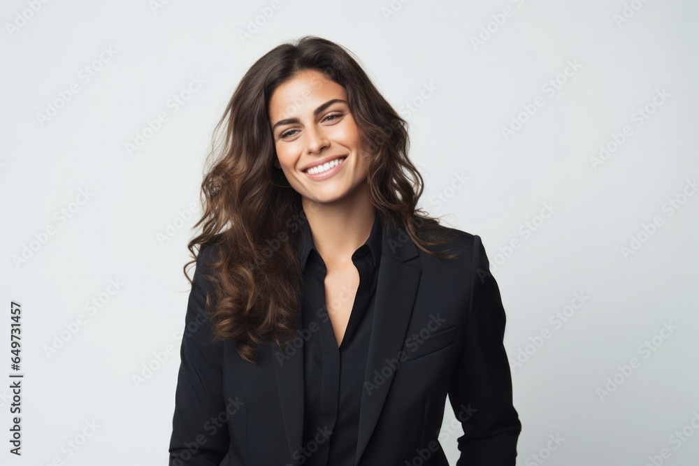 portrait of a Israeli woman in her 30s wearing a sleek suit against a white background portrait of a Israeli woman in her 30s wearing a sleek suit against a white background