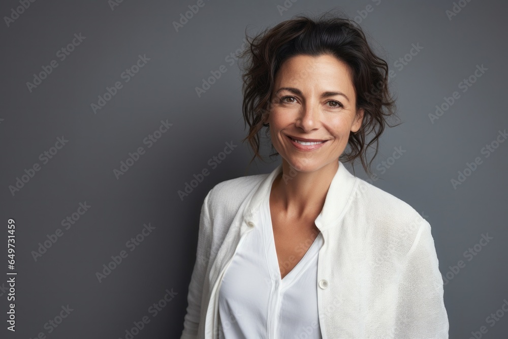 portrait of a Israeli woman in her 40s wearing a chic cardigan against a minimalist or empty room background portrait of a Israeli woman in her 40s wearing a chic cardigan against a minimalist or empty room background
