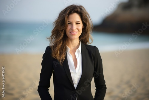 portrait of a Israeli woman in her 30s wearing a sleek suit against a beach background