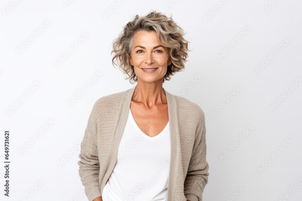 portrait of a Israeli woman in her 50s wearing a chic cardigan against a white background portrait of a Israeli woman in her 50s wearing a chic cardigan against a white background