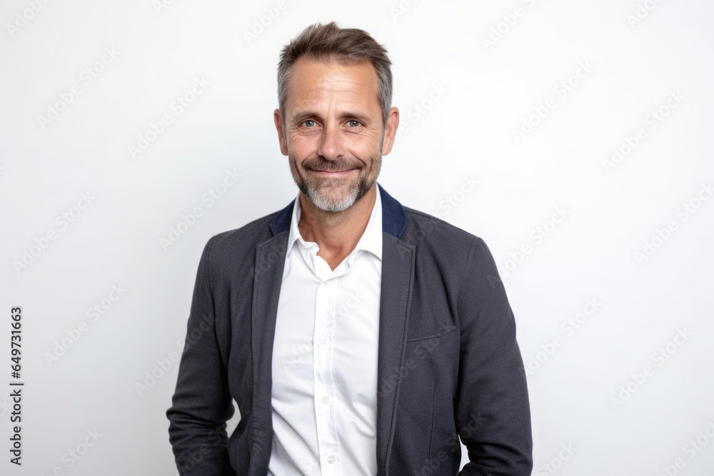 medium shot portrait of a Polish man in his 40s wearing a chic cardigan against a white background medium shot portrait of a Polish man in his 40s wearing a chic cardigan against a white background