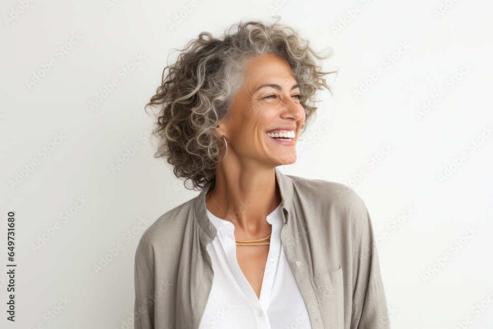 portrait of a Israeli woman in her 50s wearing a chic cardigan against a white background portrait of a Israeli woman in her 50s wearing a chic cardigan against a white background
