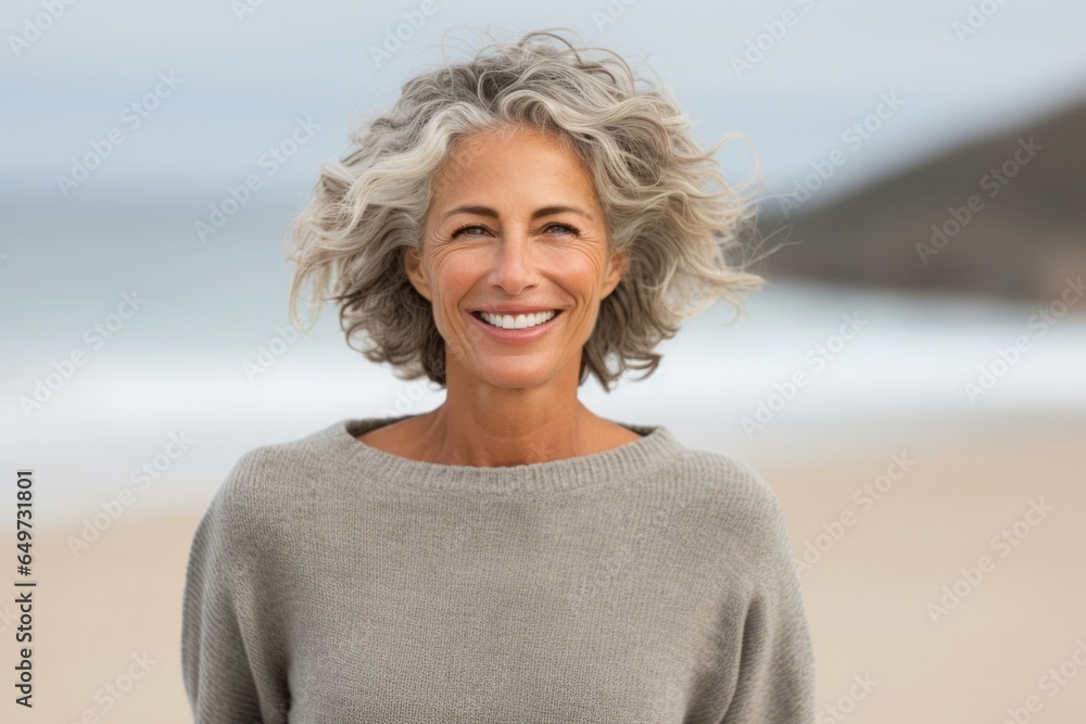 portrait of a Israeli woman in her 60s wearing a cozy sweater against a beach background portrait of a Israeli woman in her 60s wearing a cozy sweater against a beach background