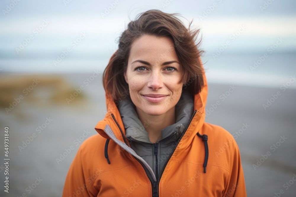 medium shot portrait of a Polish woman in her 30s wearing a cozy sweater against a beach background