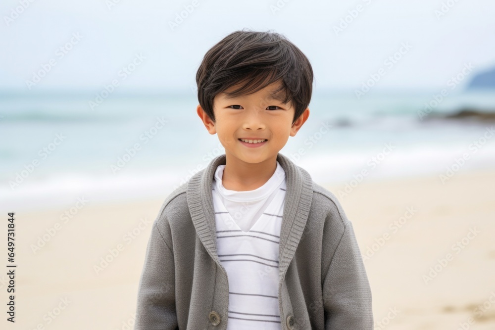 portrait of a Japanese child male wearing a chic cardigan against a beach background portrait of a Japanese child male wearing a chic cardigan against a beach background