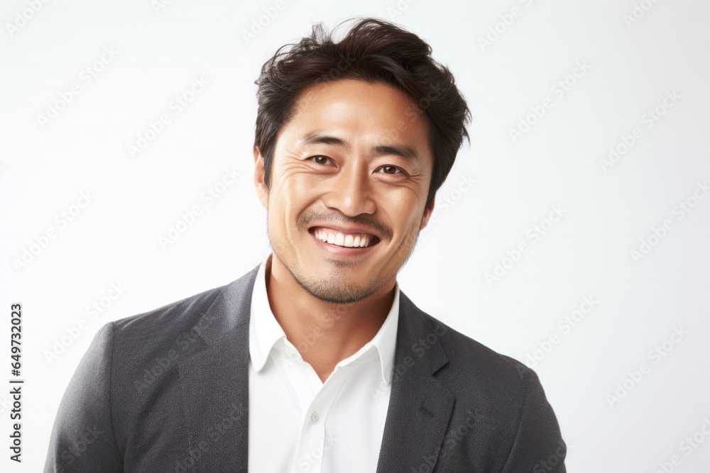 portrait of a Japanese man in his 30s wearing a chic cardigan against a white background portrait of a Japanese man in his 30s wearing a chic cardigan against a white background