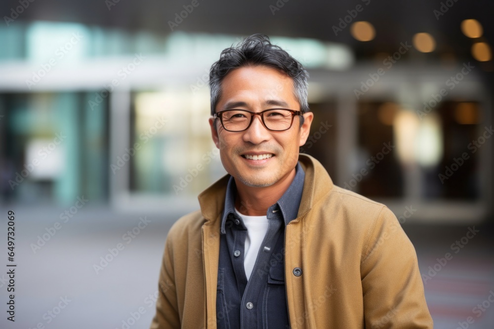 portrait of a Japanese man in his 40s wearing a chic cardigan against a modern architectural background portrait of a Japanese man in his 40s wearing a chic cardigan against a modern architectural background
