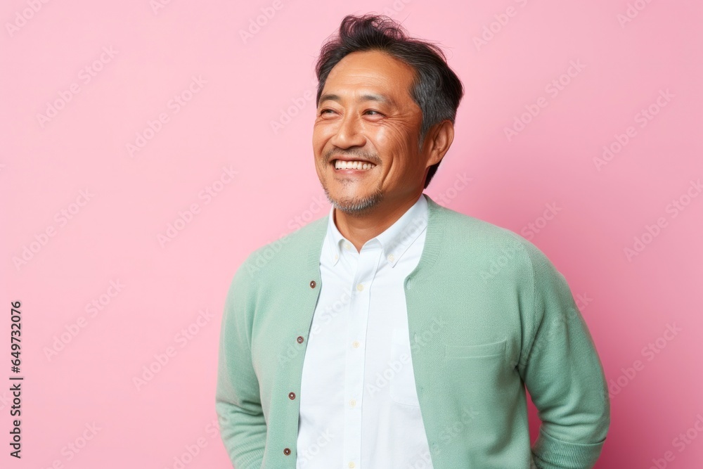 portrait of a Japanese man in his 40s wearing a chic cardigan against a pastel or soft colors background portrait of a Japanese man in his 40s wearing a chic cardigan against a pastel or soft colors background