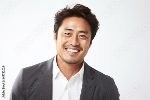 portrait of a Japanese man in his 30s wearing a chic cardigan against a white background