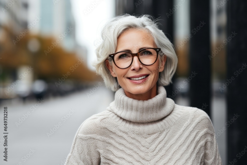 medium shot portrait of a Polish woman in her 60s wearing a cozy sweater against a modern architectural background medium shot portrait of a Polish woman in her 60s wearing a cozy sweater against a modern architectural background