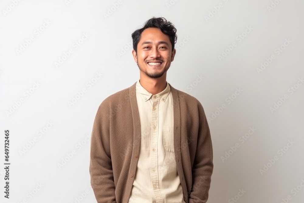 medium shot portrait of a confident Filipino man in his 30s wearing a chic cardigan against a white background medium shot portrait of a confident Filipino man in his 30s wearing a chic cardigan against a white background