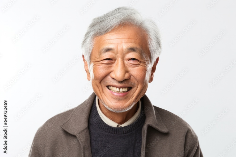 portrait of a Japanese man in his 80s wearing a chic cardigan against a white background portrait of a Japanese man in his 80s wearing a chic cardigan against a white background