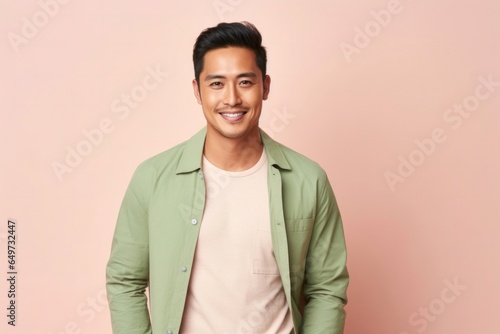 medium shot portrait of a confident Filipino man in his 30s wearing a chic cardigan against a pastel or soft colors background