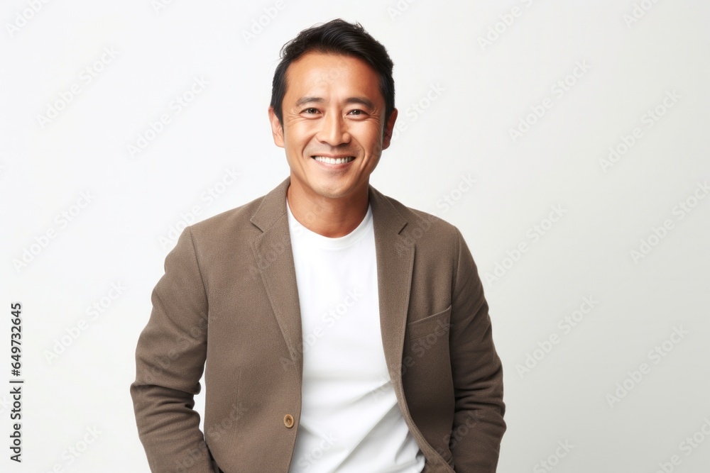 medium shot portrait of a confident Filipino man in his 40s wearing a chic cardigan against a white background medium shot portrait of a confident Filipino man in his 40s wearing a chic cardigan against a white background