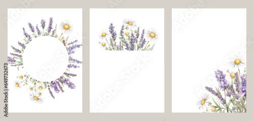 Template with watercolor lavender and chamomile. Birthday or Wedding cards. Vector design element, wreaths of lavender and chamomile, medicinal herbs.