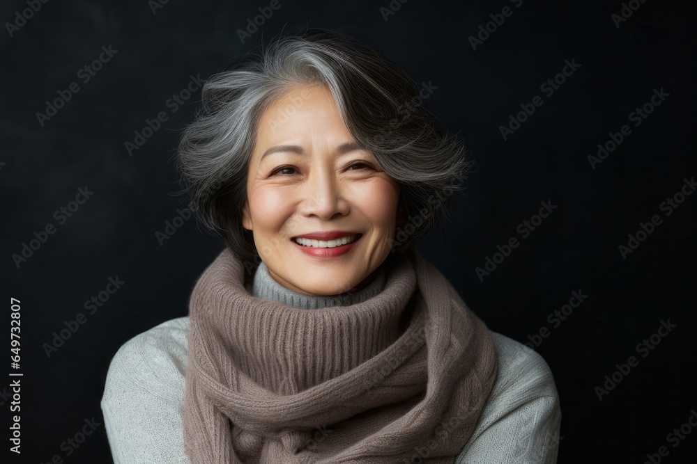 portrait of a Japanese woman in her 50s wearing a cozy sweater against an abstract background portrait of a Japanese woman in her 50s wearing a cozy sweater against an abstract background