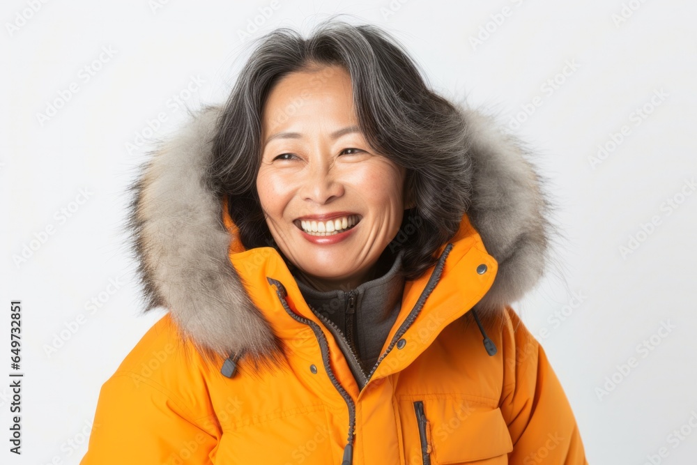 portrait of a Japanese woman in her 50s wearing a warm parka against a white background portrait of a Japanese woman in her 50s wearing a warm parka against a white background