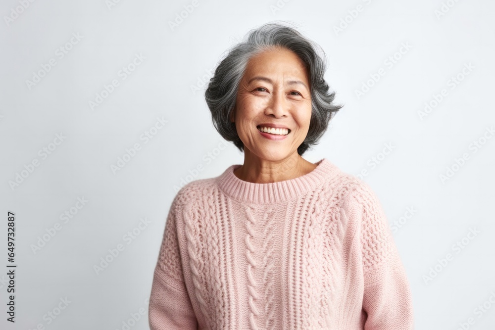 medium shot portrait of a confident Filipino woman in her 60s wearing a cozy sweater against a white background medium shot portrait of a confident Filipino woman in her 60s wearing a cozy sweater against a white background