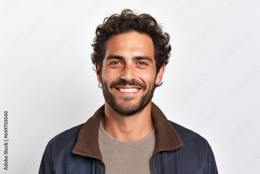 medium shot portrait of a confident Israeli man in his 30s wearing a chic cardigan against a white background medium shot portrait of a confident Israeli man in his 30s wearing a chic cardigan against a white background
