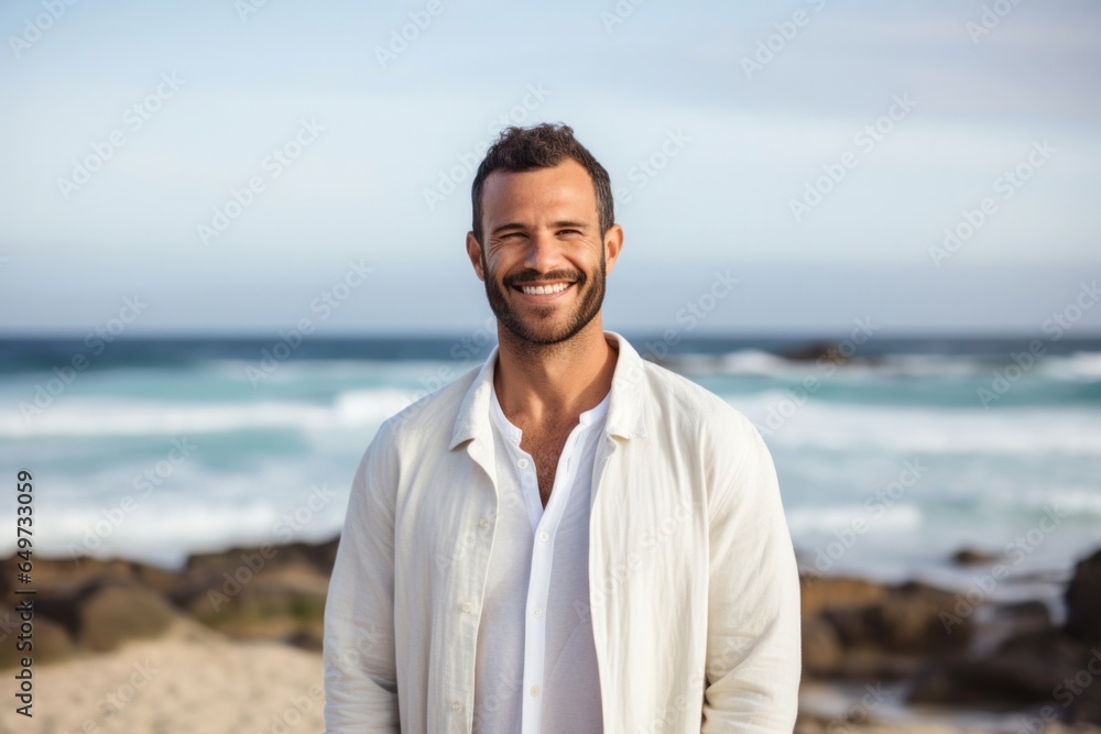 medium shot portrait of a confident Israeli man in his 30s wearing a chic cardigan against a beach background medium shot portrait of a confident Israeli man in his 30s wearing a chic cardigan against a beach background