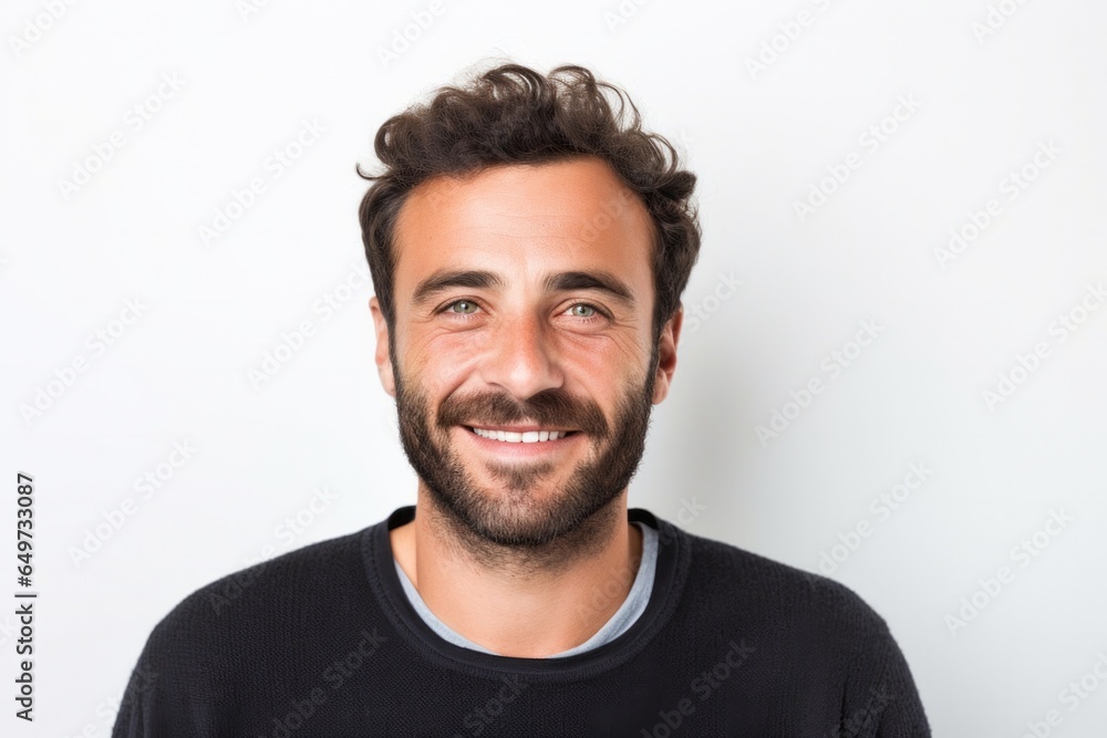 medium shot portrait of a confident Israeli man in his 30s wearing a chic cardigan against a white background medium shot portrait of a confident Israeli man in his 30s wearing a chic cardigan against a white background