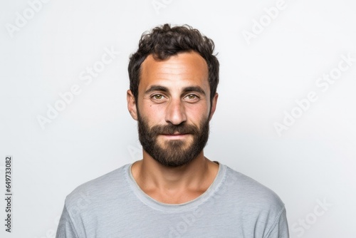 medium shot portrait of a confident Israeli man in his 30s wearing a chic cardigan against a white background