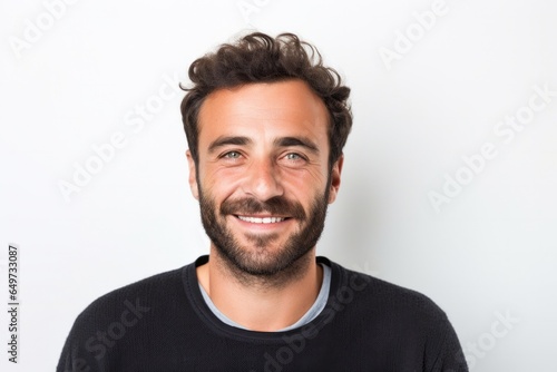 medium shot portrait of a confident Israeli man in his 30s wearing a chic cardigan against a white background