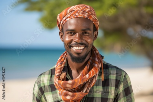 portrait of a Kenyan man in his 30s wearing a foulard against a beach background