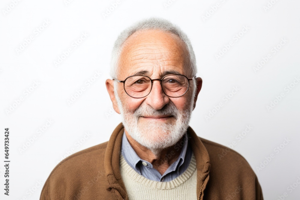 medium shot portrait of a confident Israeli man in his 60s wearing a chic cardigan against a white background medium shot portrait of a confident Israeli man in his 60s wearing a chic cardigan against a white background