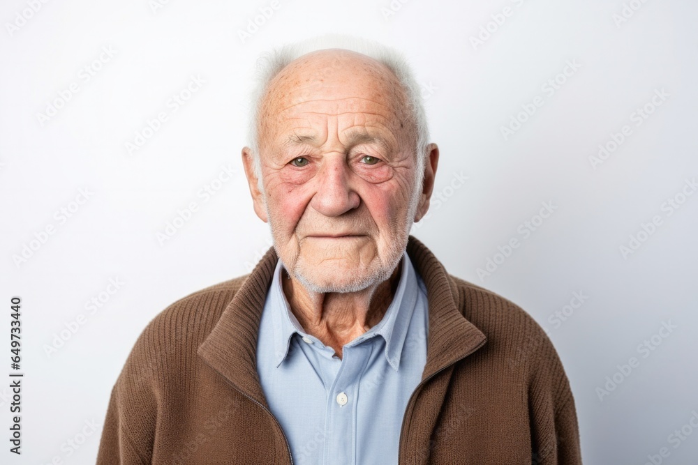 medium shot portrait of a confident Israeli man in his 80s wearing a chic cardigan against a white background