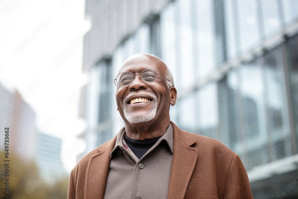 portrait of a Kenyan man in his 80s wearing a chic cardigan against a modern architectural background portrait of a Kenyan man in his 80s wearing a chic cardigan against a modern architectural background