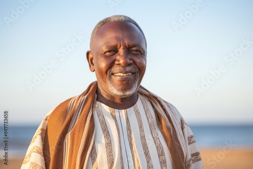 portrait of a Kenyan man in his 60s wearing a chic cardigan against a beach background
