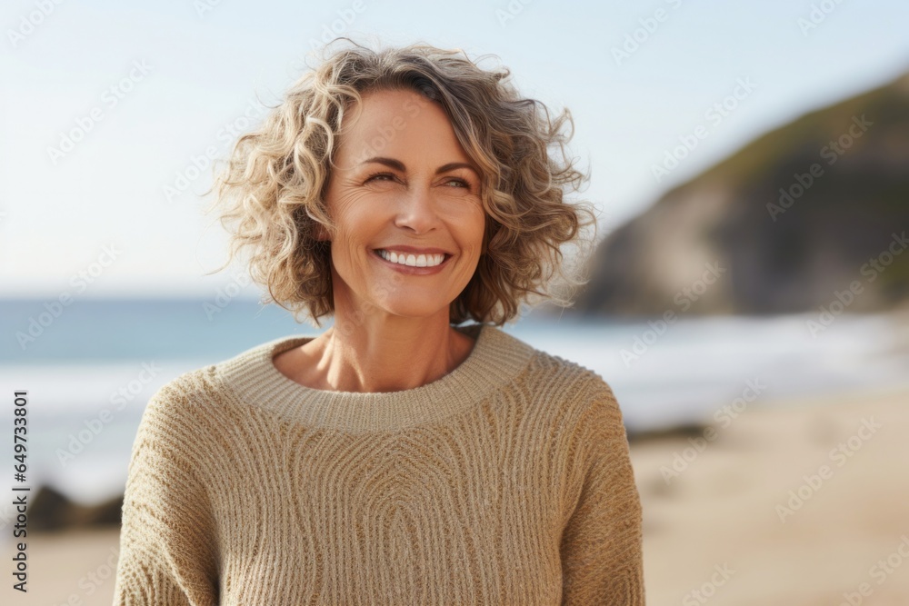 medium shot portrait of a confident Israeli woman in her 50s wearing a cozy sweater against a beach background medium shot portrait of a confident Israeli woman in her 50s wearing a cozy sweater against a beach background