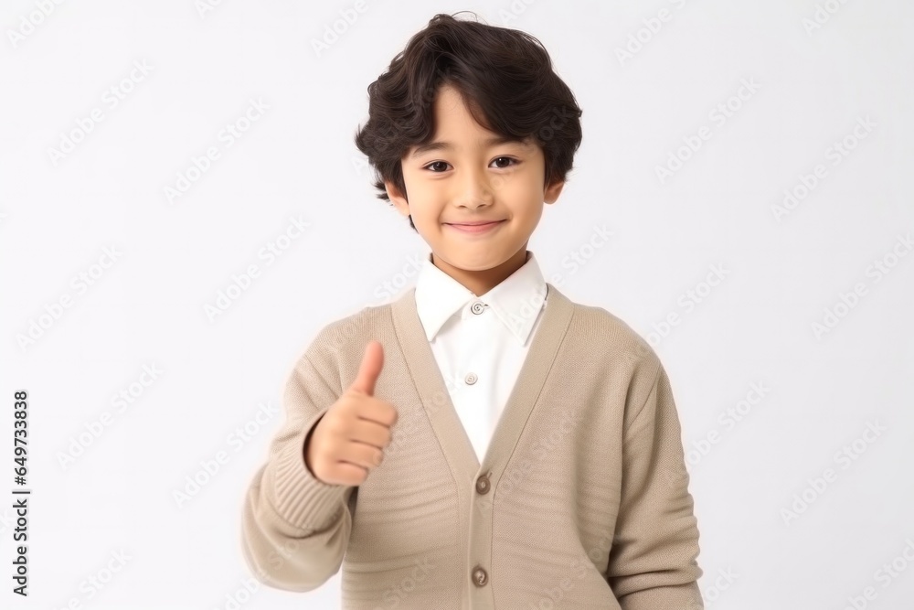 medium shot portrait of a confident Japanese child male wearing a chic cardigan against a white background medium shot portrait of a confident Japanese child male wearing a chic cardigan against a white background