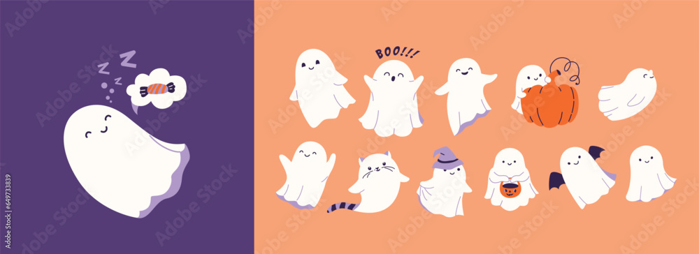 Halloween ghost set vector illustration. Cute funny happy spirits with Halloween ghost set vector illustration. Cute funny happy spirits with